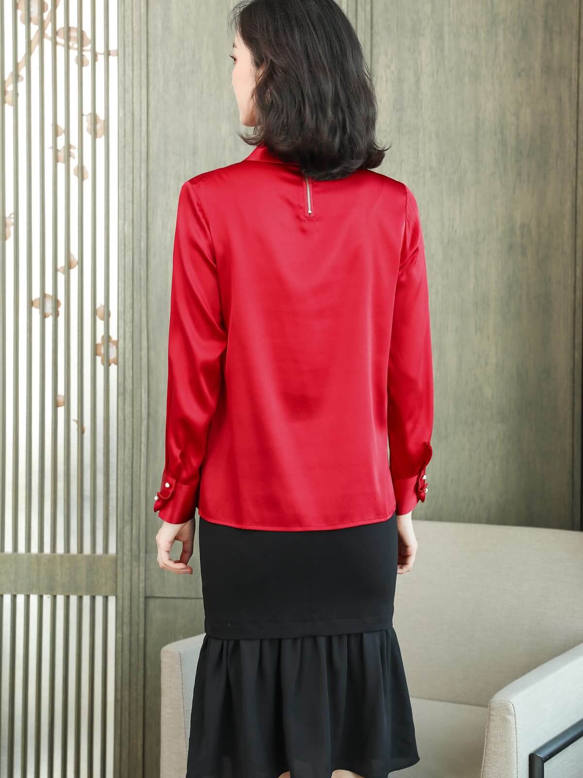 Elegant Pearl Collar Silk Blouse-in red-back-SILKSER