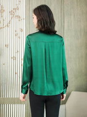 Bow-Tie Solid Color Silk Blouse-in-green-back-SILKSER