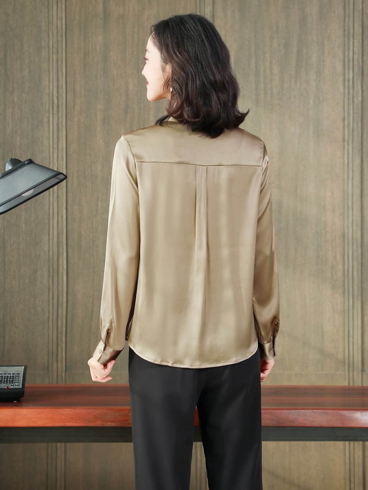 Bow-Tie Solid Color Silk Blouse-in-champagne-back-SILKSER