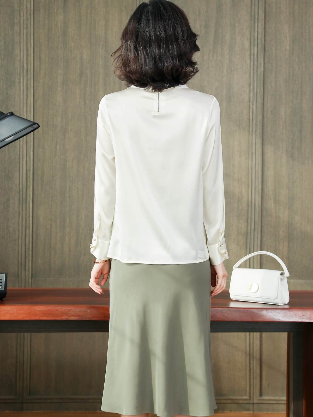 Elegant Pearl Collar Silk Blouse-in white-back-SILKSER