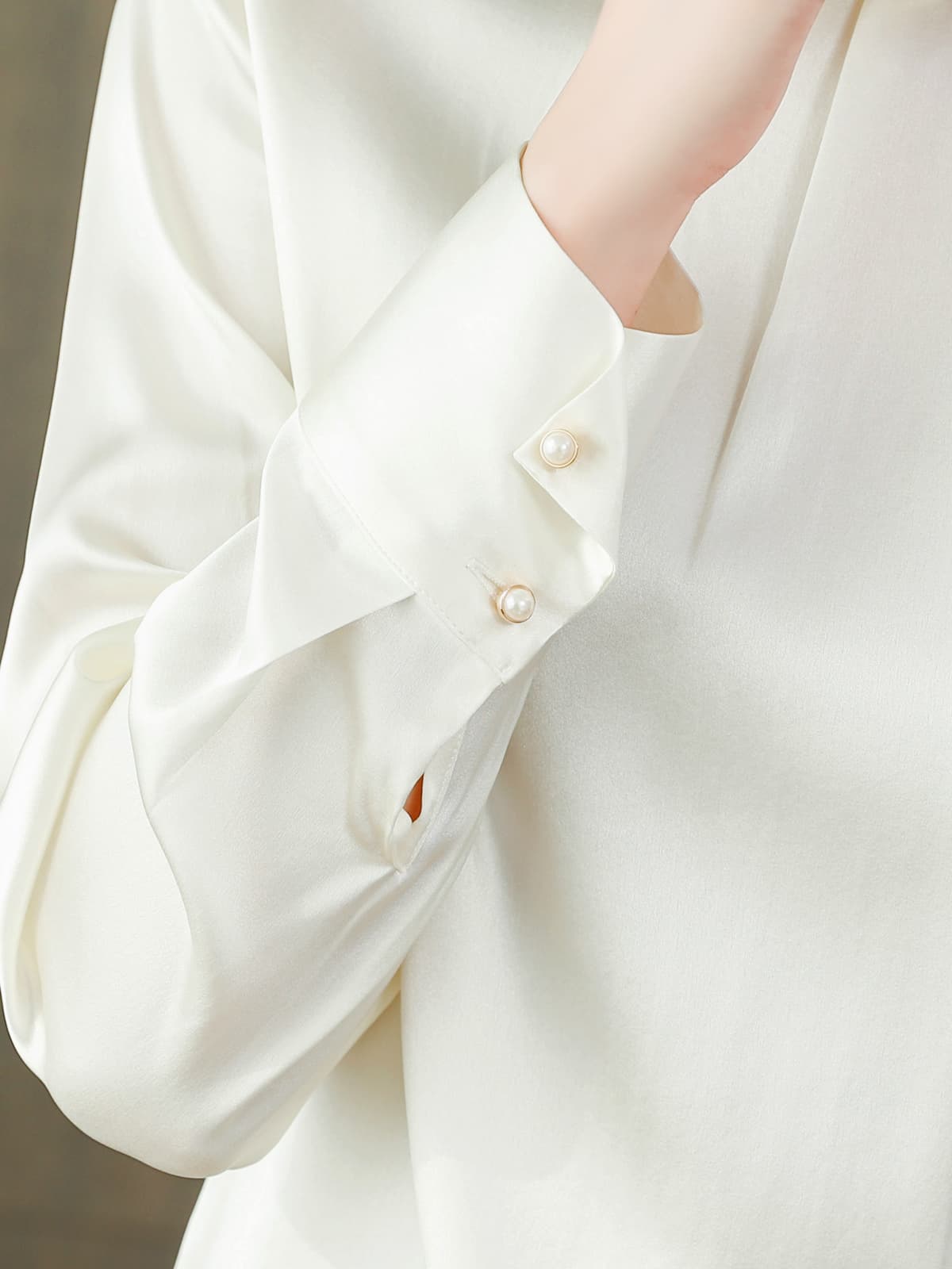 Elegant Pearl Collar Silk Blouse-sleeves details-SILKSER