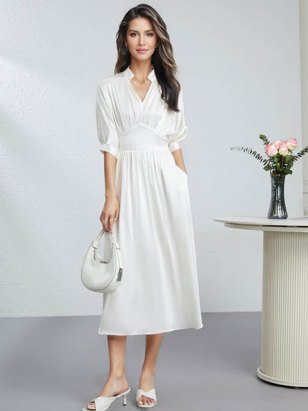 wool silk white dress vneck Gracie Silk and Wool Full Midi Dress