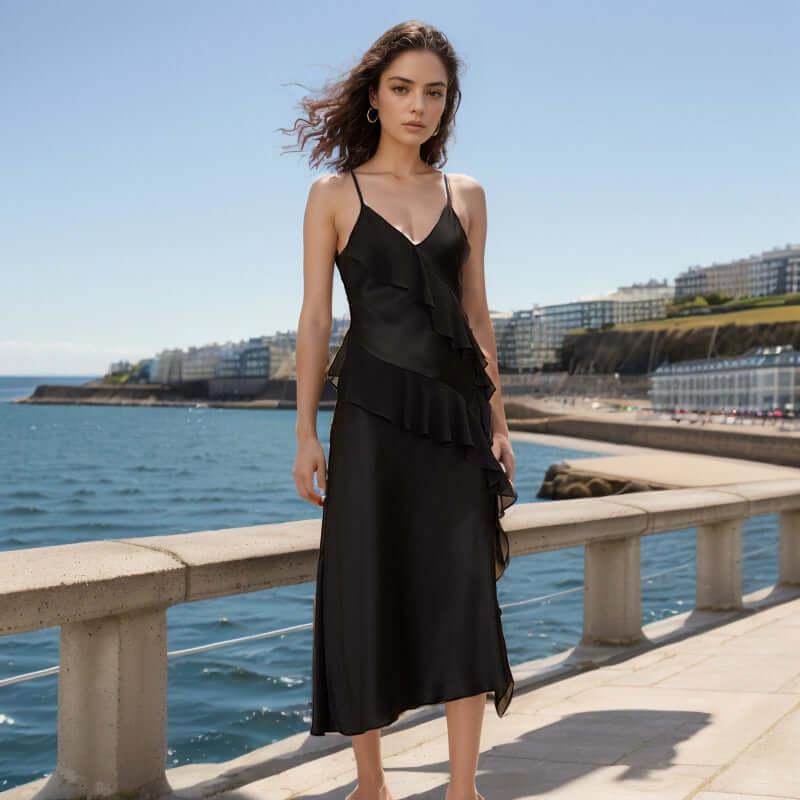 Black Ruffled Strap Silk Dress