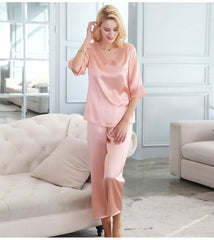 V-neck Lace Silk Pajama Set