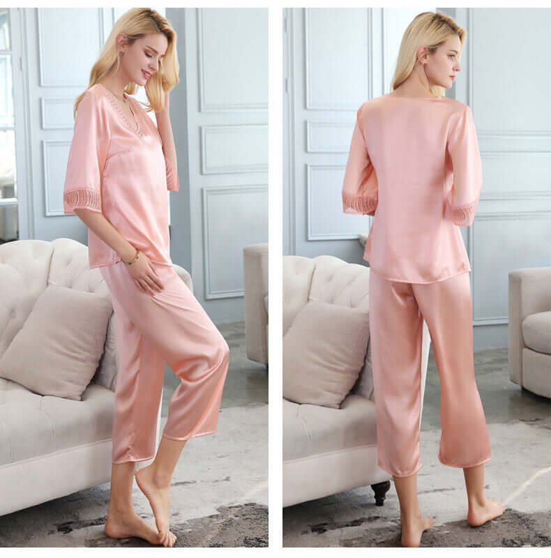 V-neck Lace Silk Pajama Set