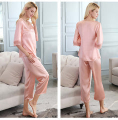 V-neck Lace Silk Pajama Set