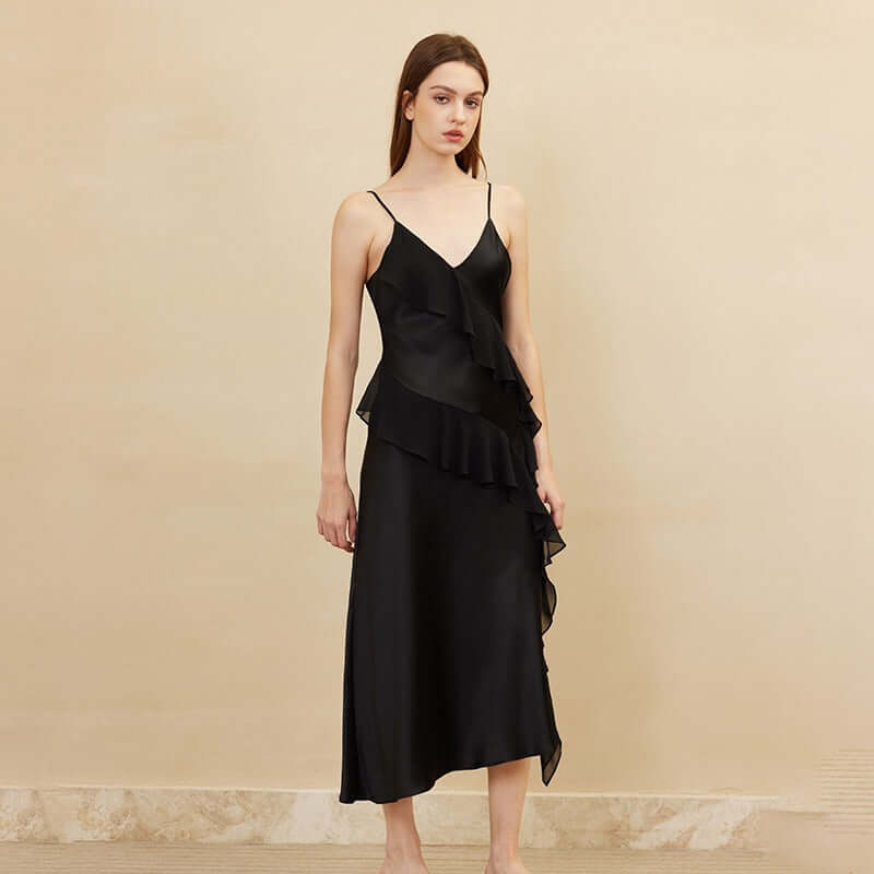 Black Ruffled Strap Silk Dress