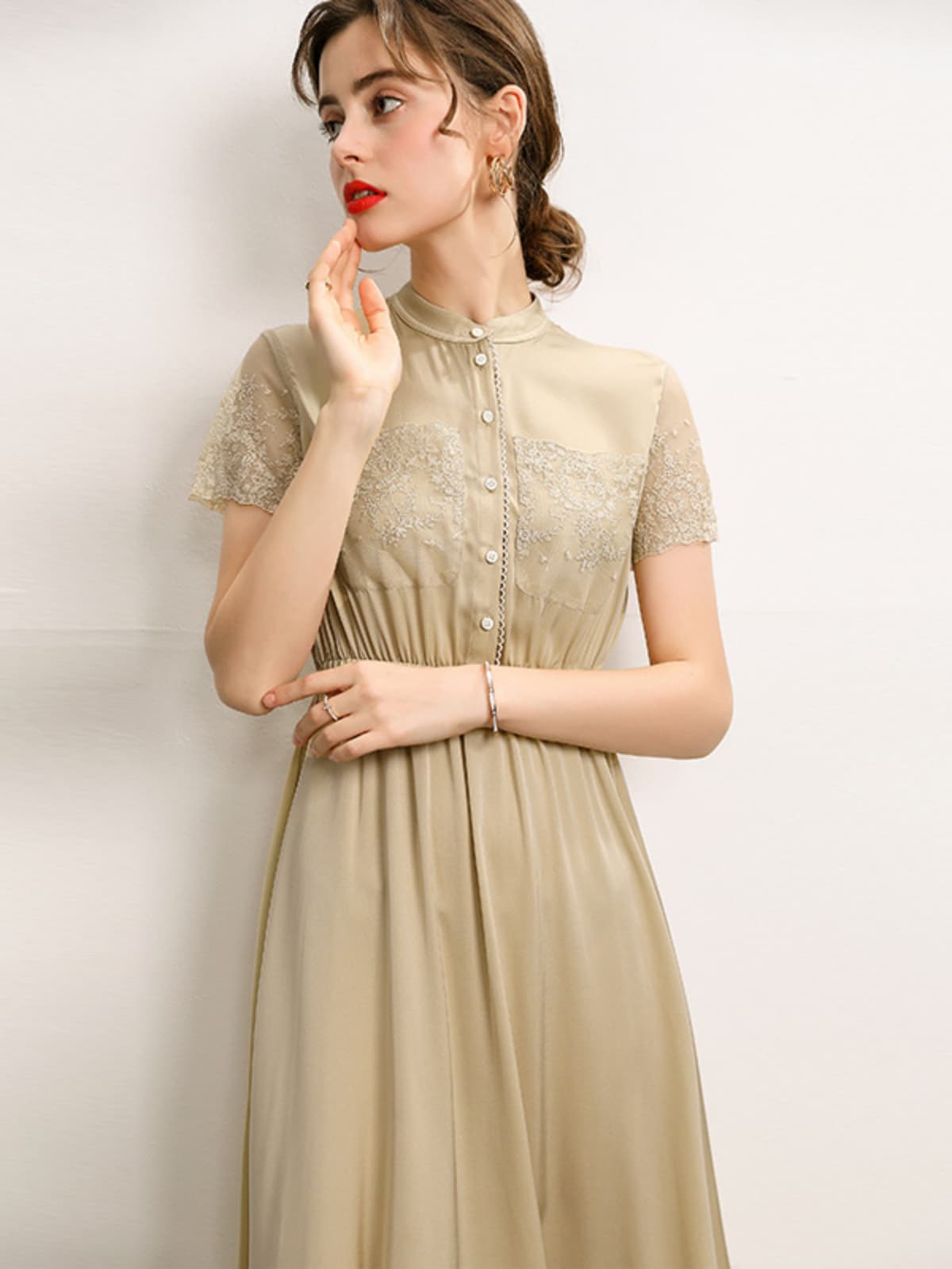 Elegant Lace Beige Silk Dress