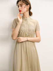 Elegant Lace Beige Silk Dress