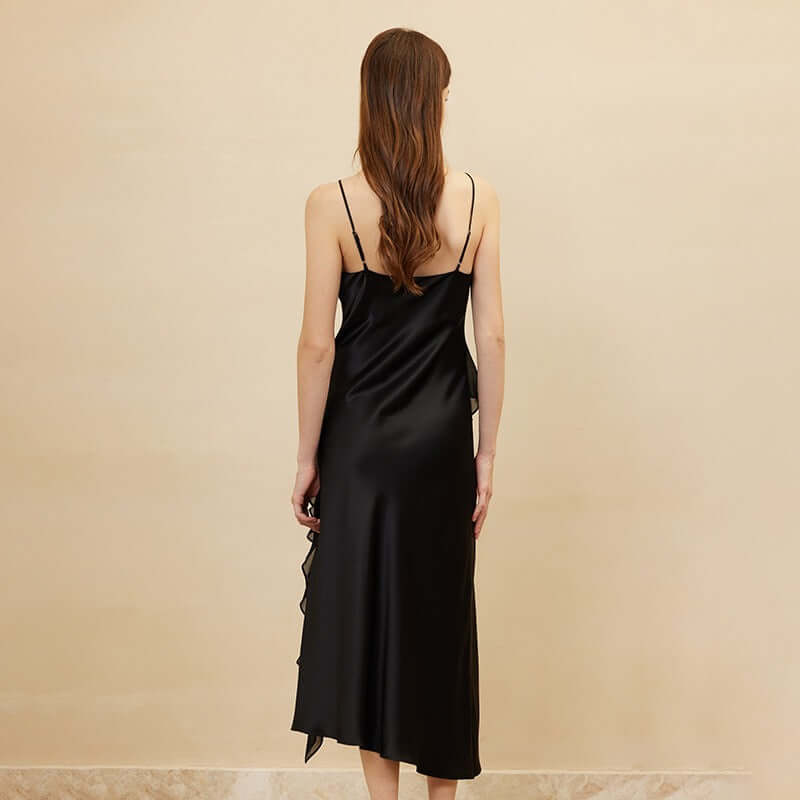 Black Ruffled Strap Silk Dress