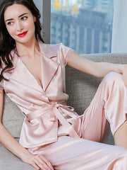 Womens Short-sleeved Ribbon Silk Pajamas Set