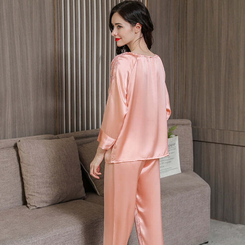 Long-sleeved Lace Silk Pajama Set