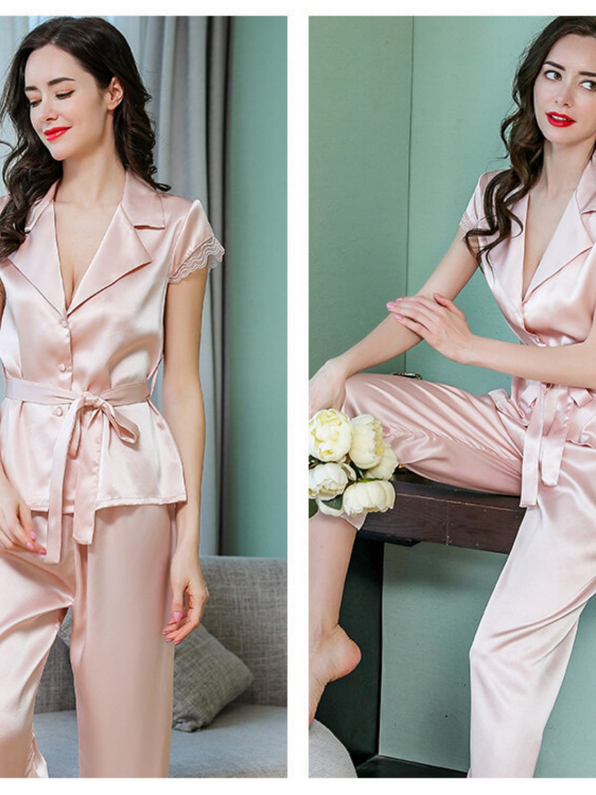 Womens Short-sleeved Ribbon Silk Pajamas Set