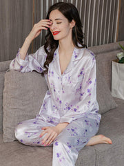Long-sleeved Delicate Floral Silk Pajamas Set