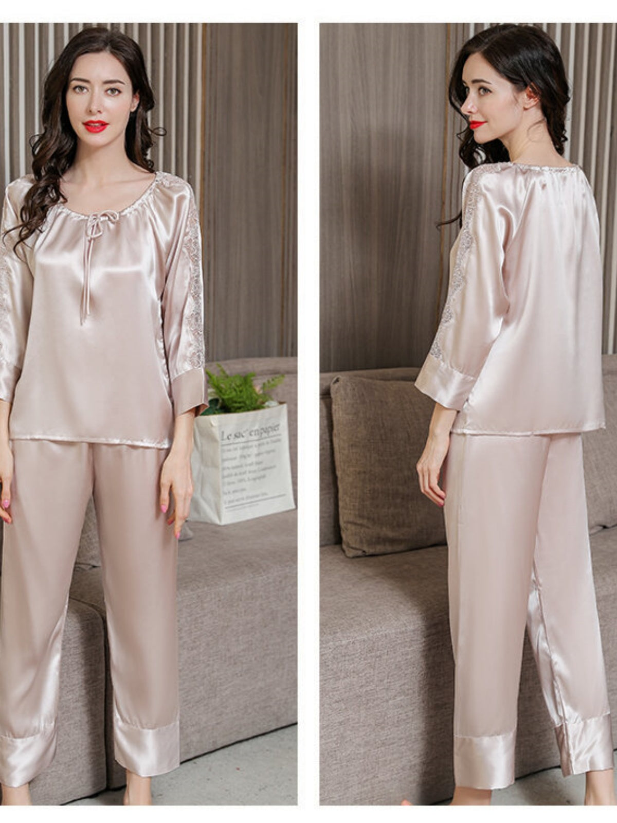 Womens Long-sleeved Lace Silk Pajama Set