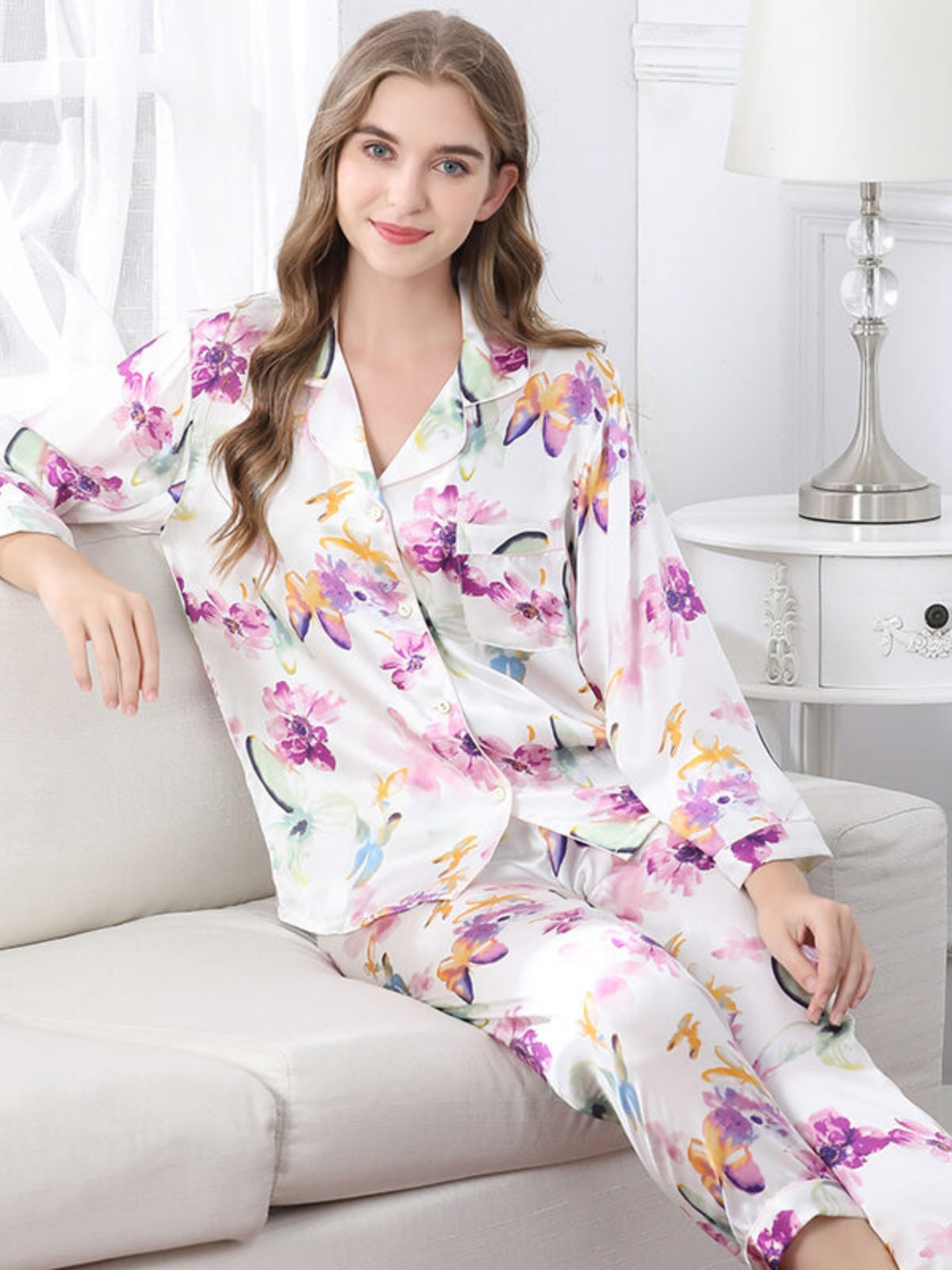Long-sleeved Delicate Floral Silk Pajamas Set