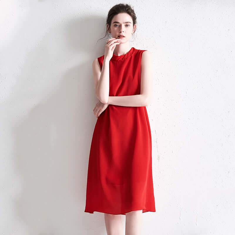 Red Sleeveless Silk Dress - SILKSER