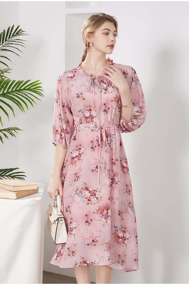 Ribbon Floral Mulberry Silk Dress - SILKSER