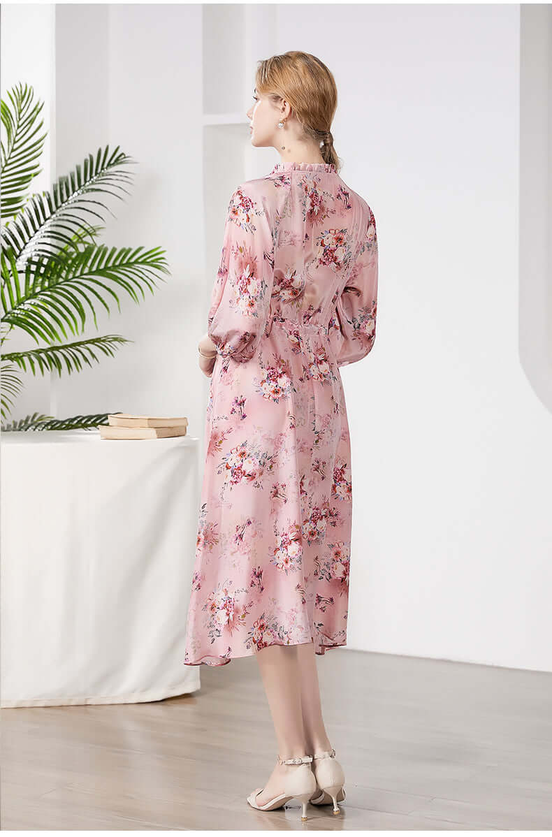 Ribbon Floral Mulberry Silk Dress - SILKSER