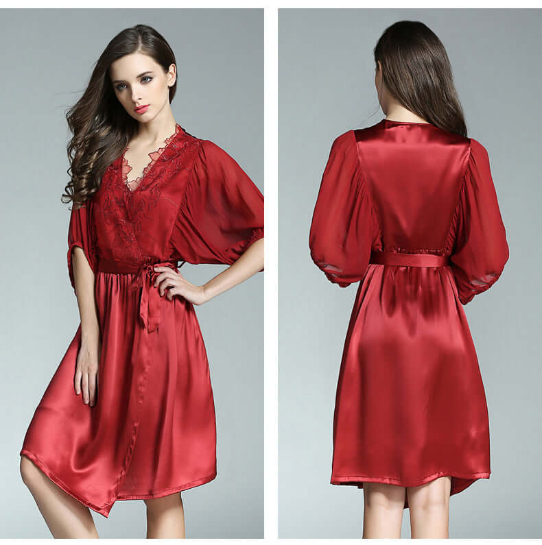 Ribbon Lace Silk Nightgown Robe Two - piece Set - SILKSER