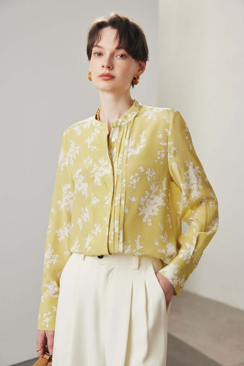 Round Neck Floral Silk Blouse - SILKSER