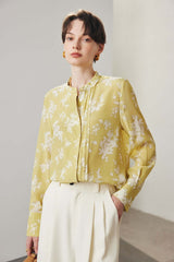 Round Neck Floral Silk Blouse - SILKSER