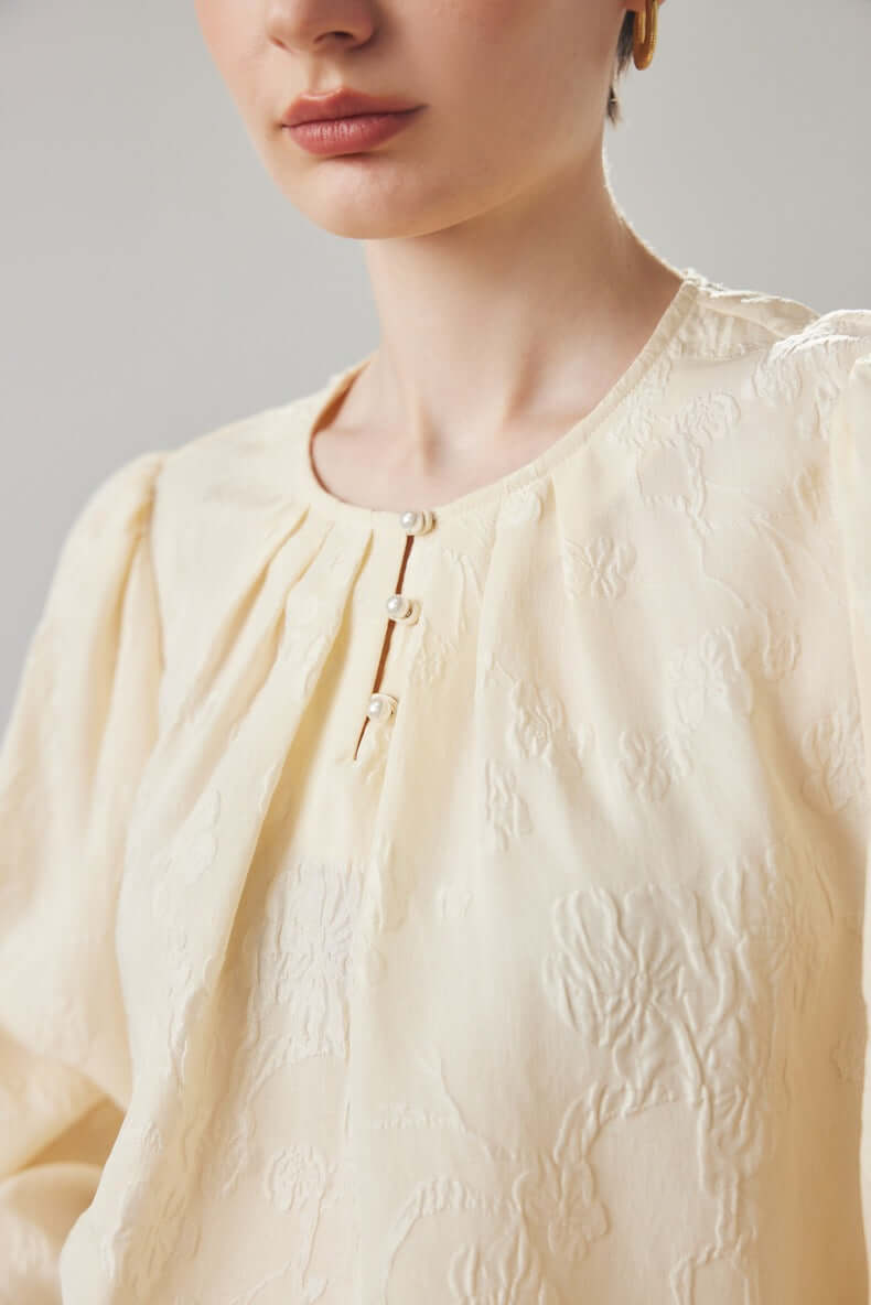 Round Neck Jacquard Silk Blouse - SILKSER