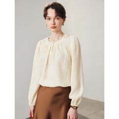 Round Neck Jacquard Silk Blouse - SILKSER