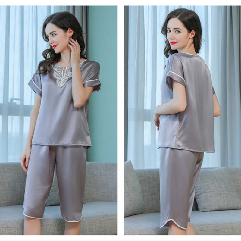 Short - sleeved Lace Silk Pajama Set - SILKSER