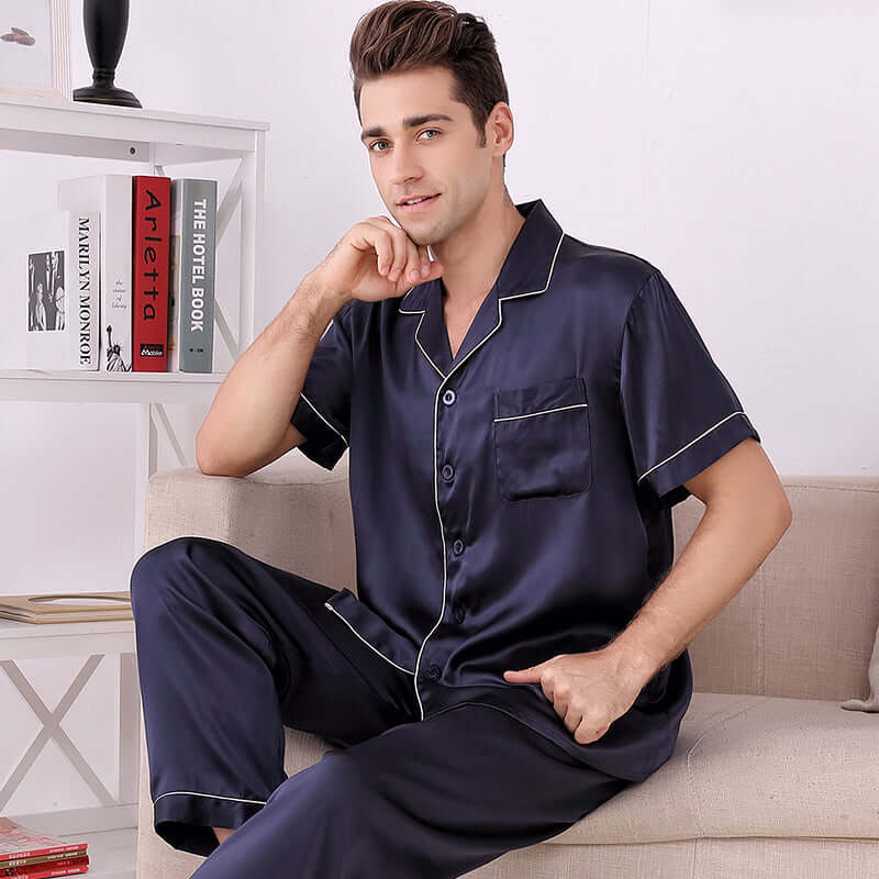 Short - sleeved Men Silk Pajama Set - SILKSER