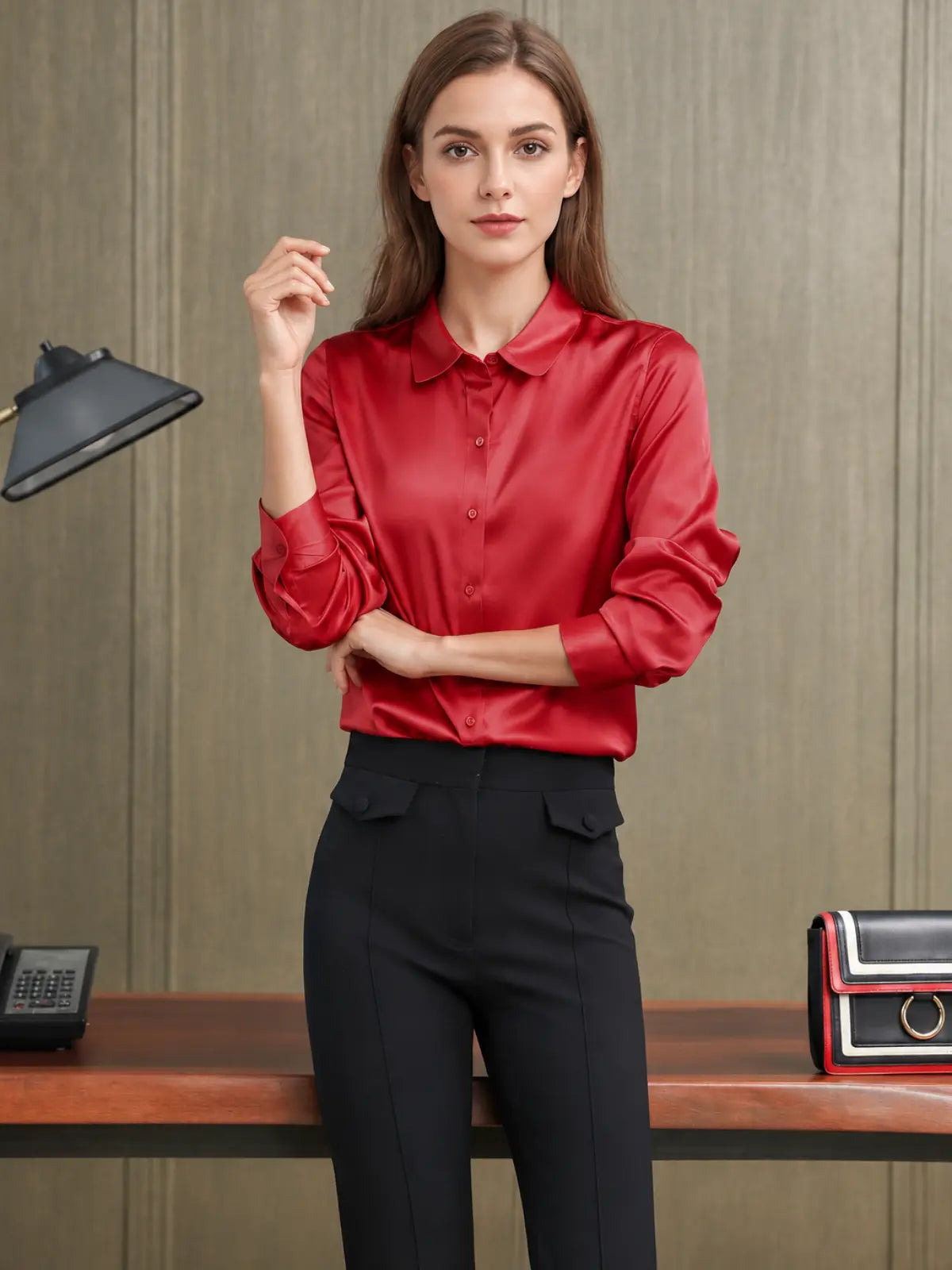 Refined Solid - Color Silk Blouse-in red-front-SILKSER