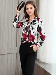 Woman wearing a Bow Tie Printed Mulberry Silk Blouse with floral design