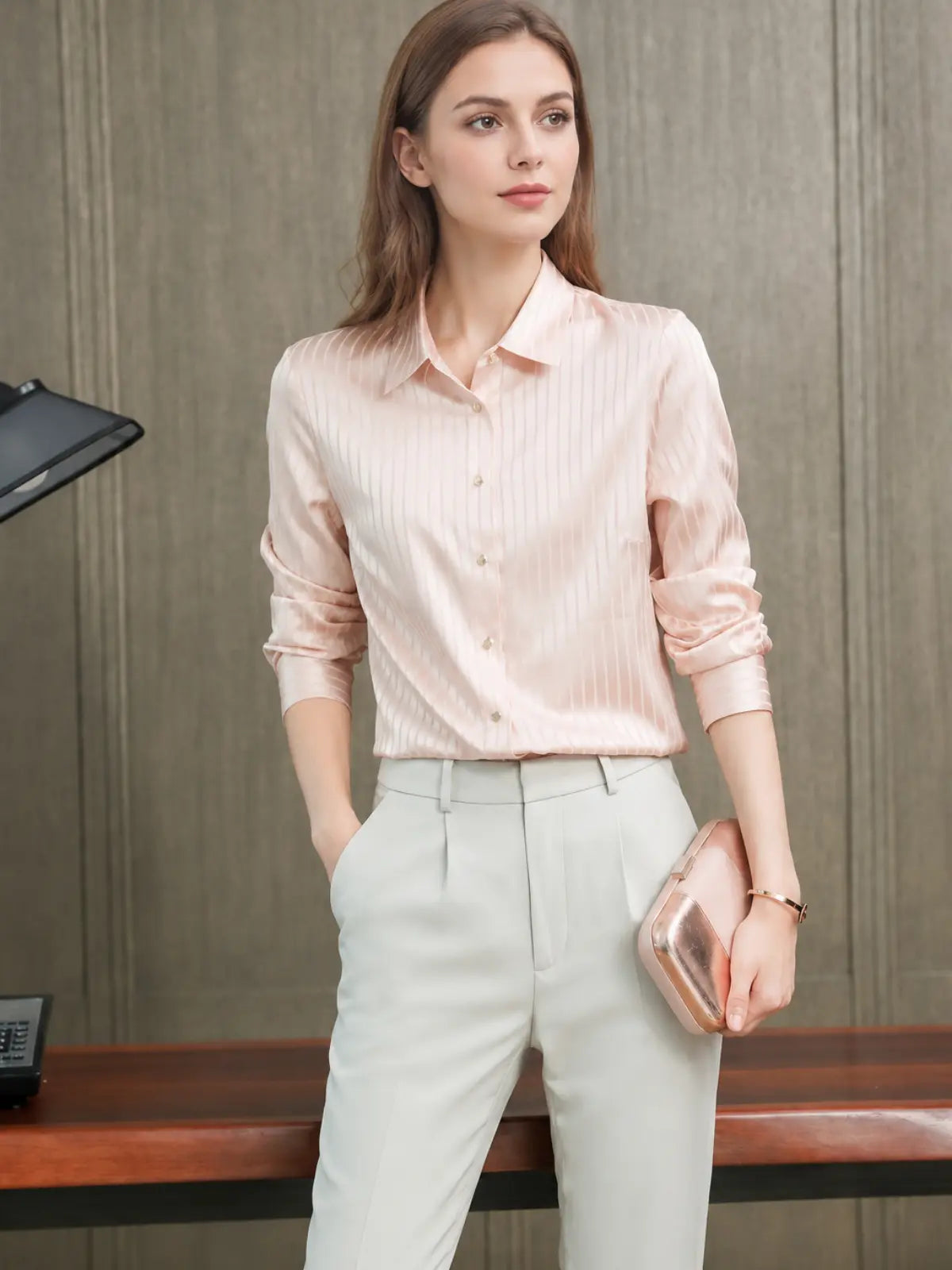 Chic Striped Turn - Down Collar Silk Blouse SILKSER
