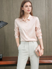 Chic Striped Turn - Down Collar Silk Blouse SILKSER