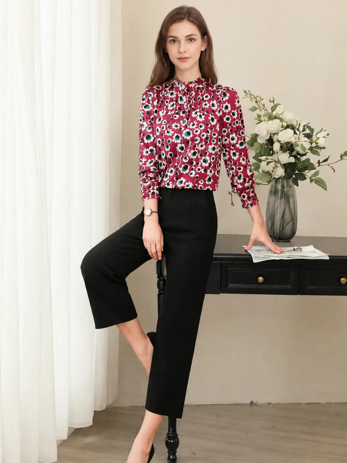 Woman wearing a Vintage Floral Mulberry Silk Blouse