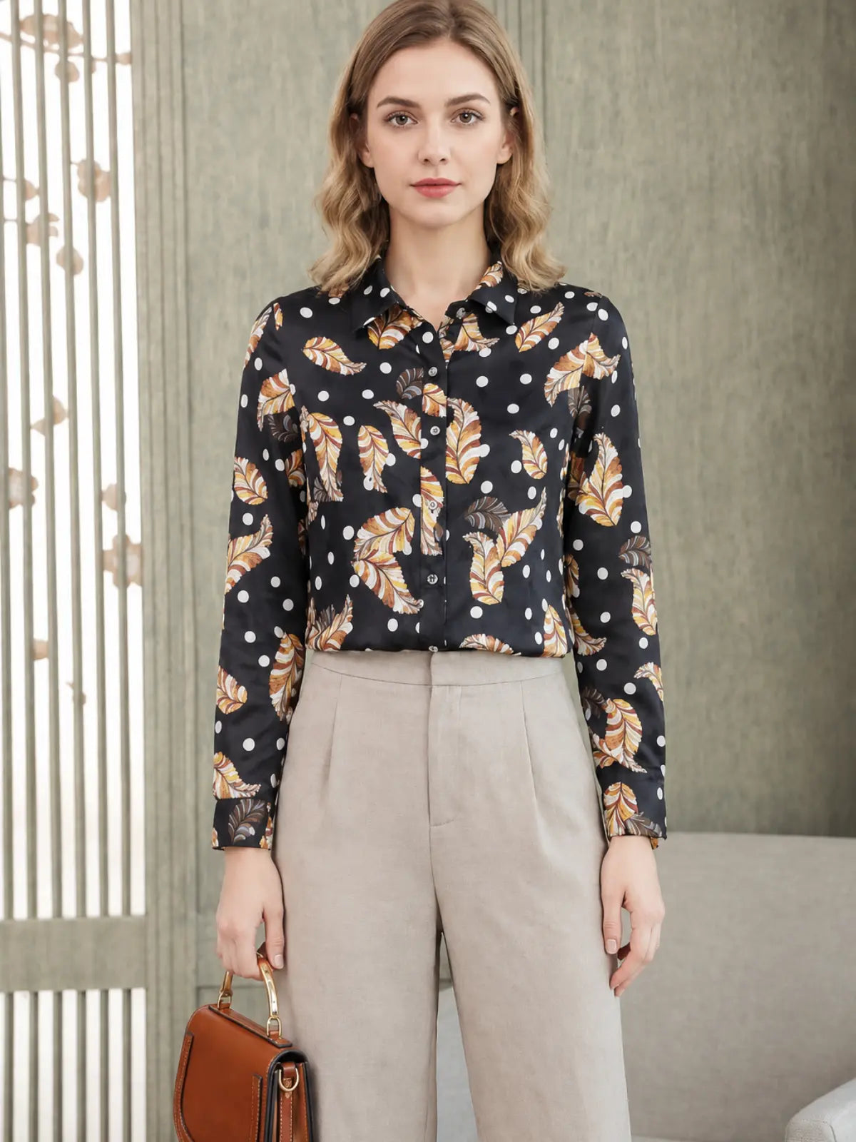 Jacquard Floral Mulberry Silk Blouse-in blue floral-front-SILKSER