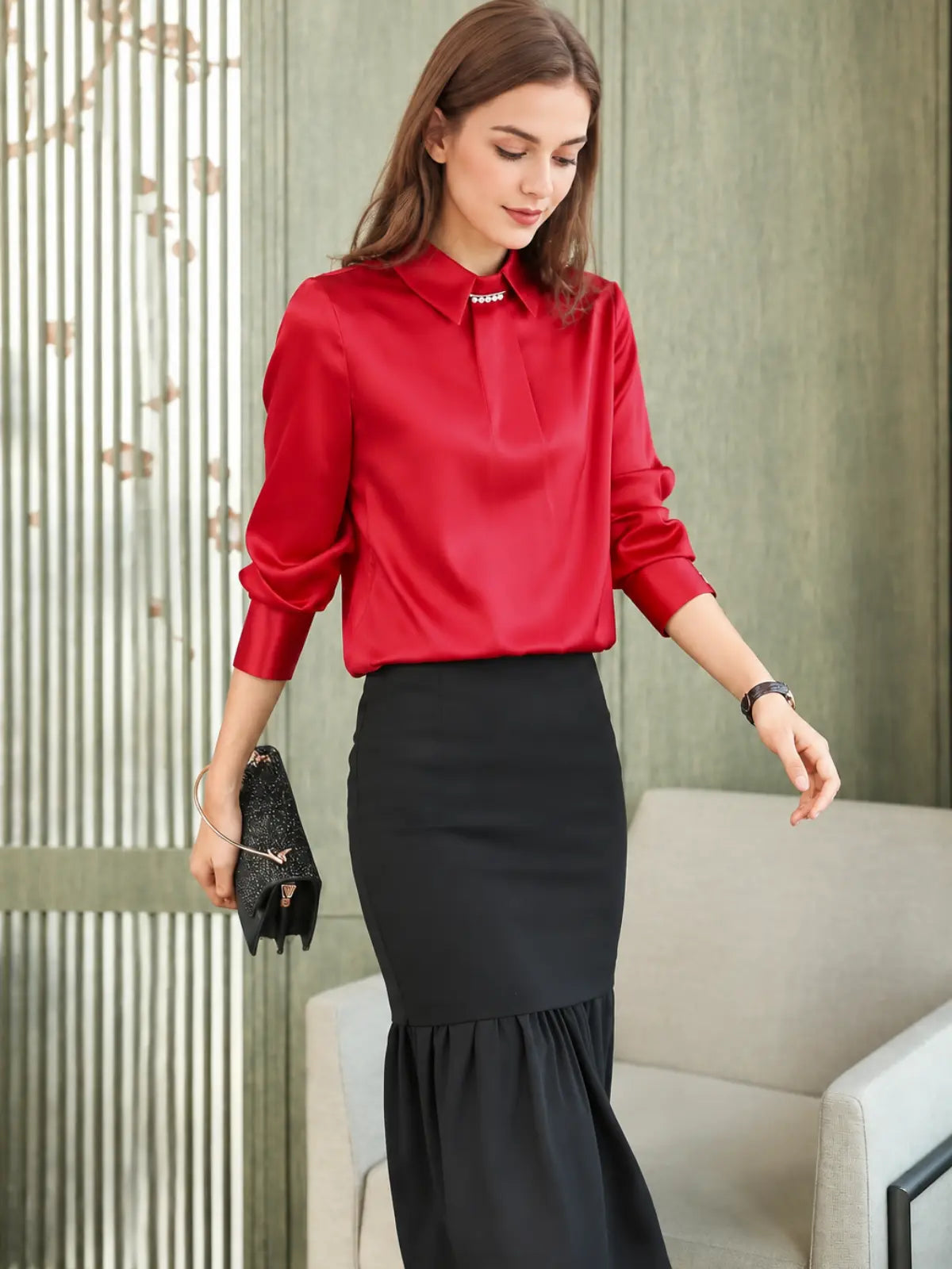 Elegant Pearl Collar Silk Blouse-in red-front-SILKSER