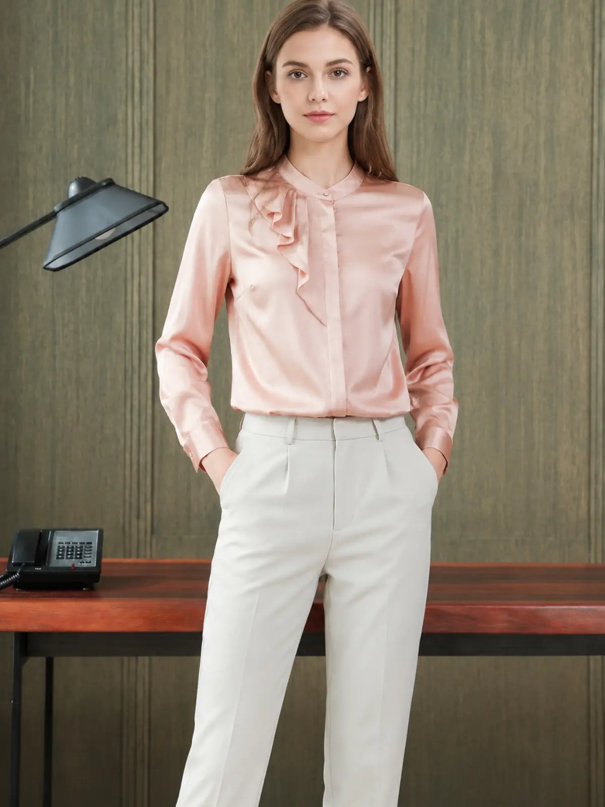 Chic Ruffled Silk Blouse-in pink-front-SILKSER
