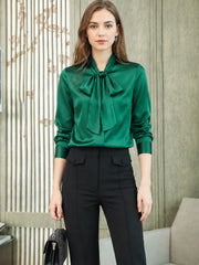 Bow-Tie Solid Color Silk Blouse-in-green-front-SILKSER