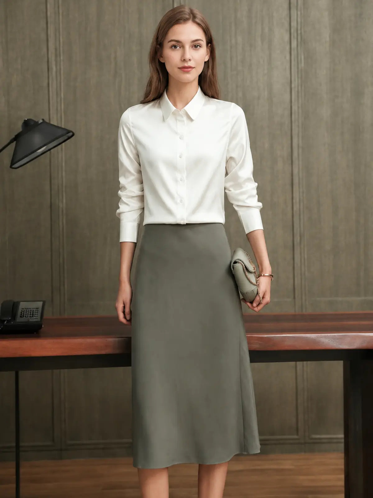 Refined Solid - Color Silk Blouse-in white-front-SILKSER