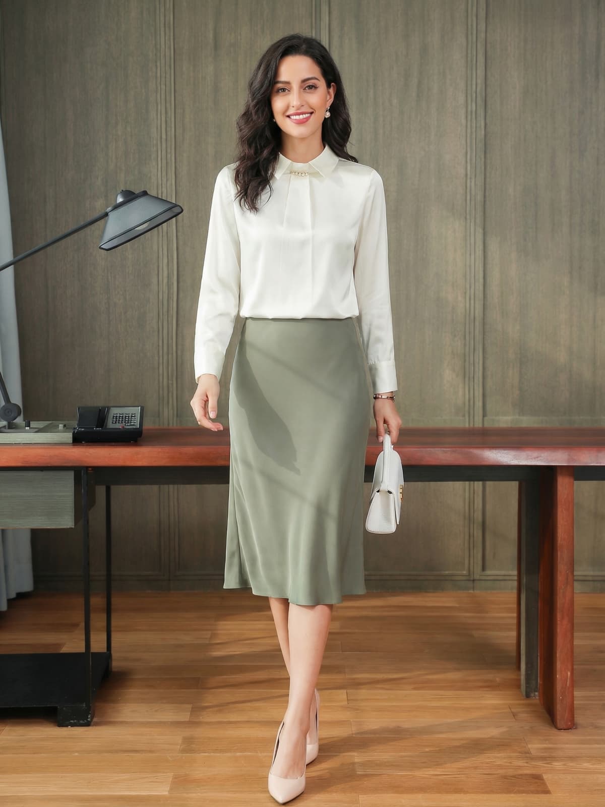Elegant Pearl Collar Silk Blouse-in white-front-SILKSER