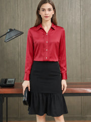 Chic Polo Collar Silk Blouse-in red-front-SILKSER