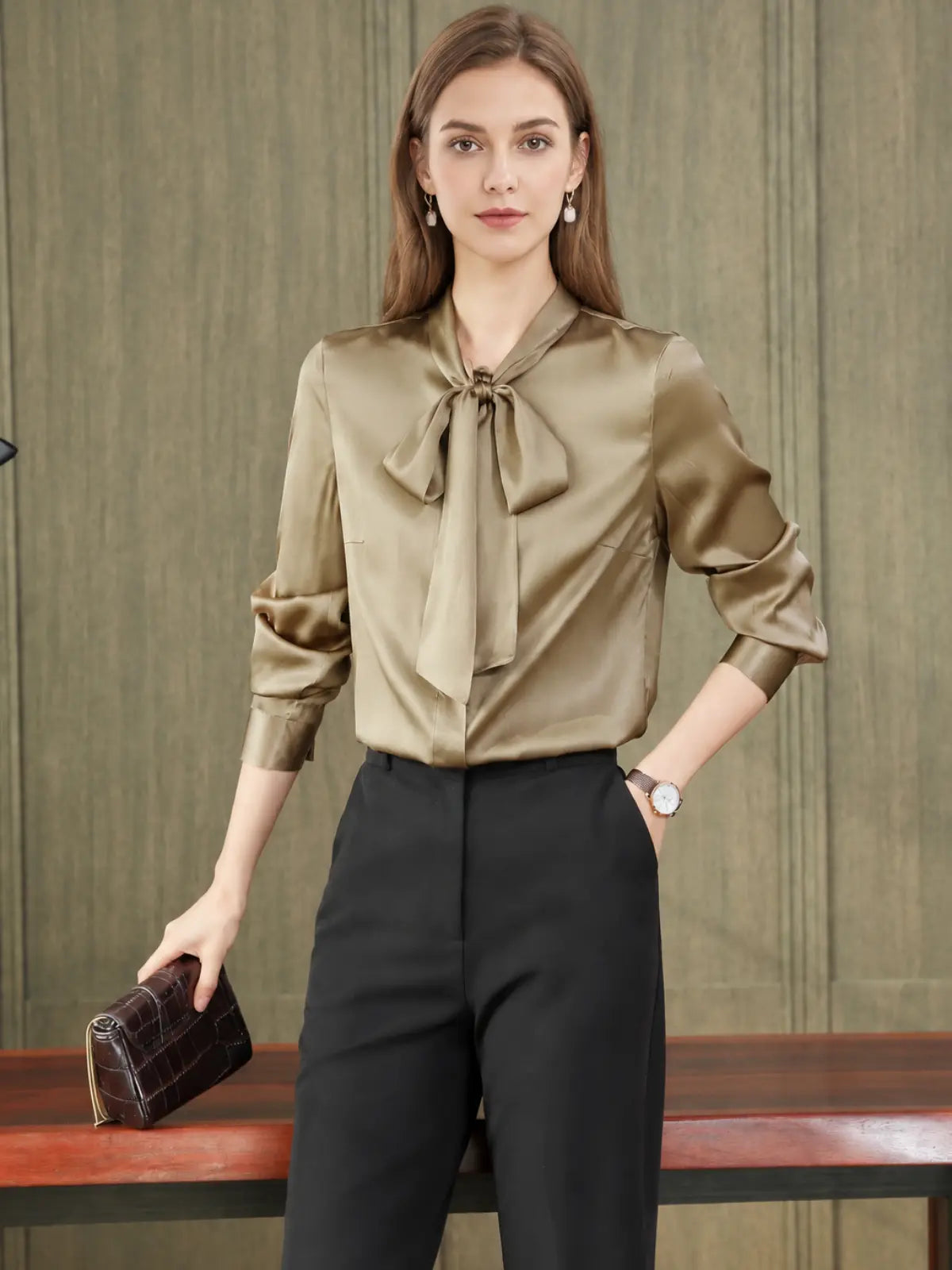 Bow-Tie Solid Color Silk Blouse-in-champagne-front-SILKSER