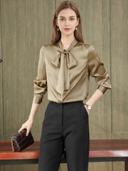 Bow-Tie Solid Color Silk Blouse-in-champagne-front-SILKSER