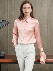 Refined Solid - Color Silk Blouse-in pink-front-SILKSER