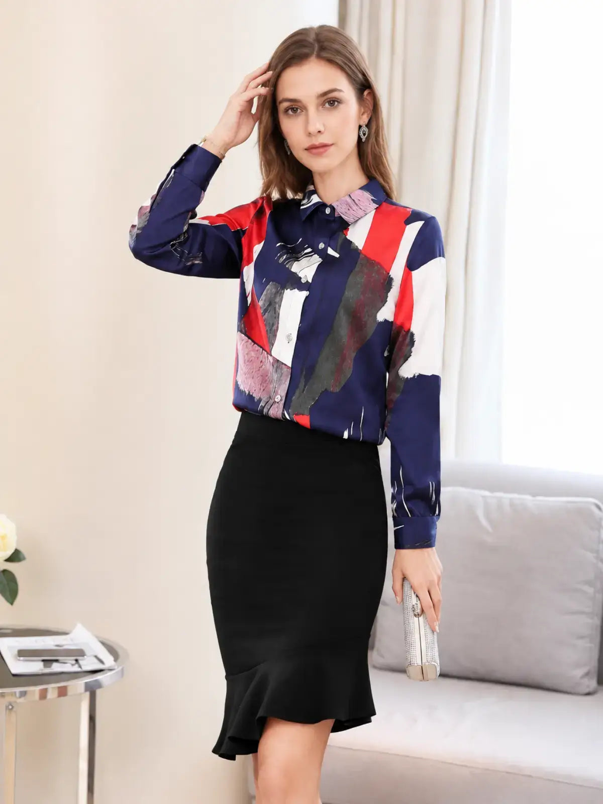 Women's Geo - Print Casual Silk Blouse showcasing colorful geometric patterns and stylish collar.