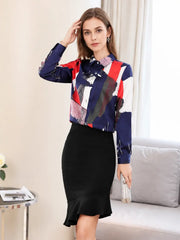Women's Geo - Print Casual Silk Blouse showcasing colorful geometric patterns and stylish collar.