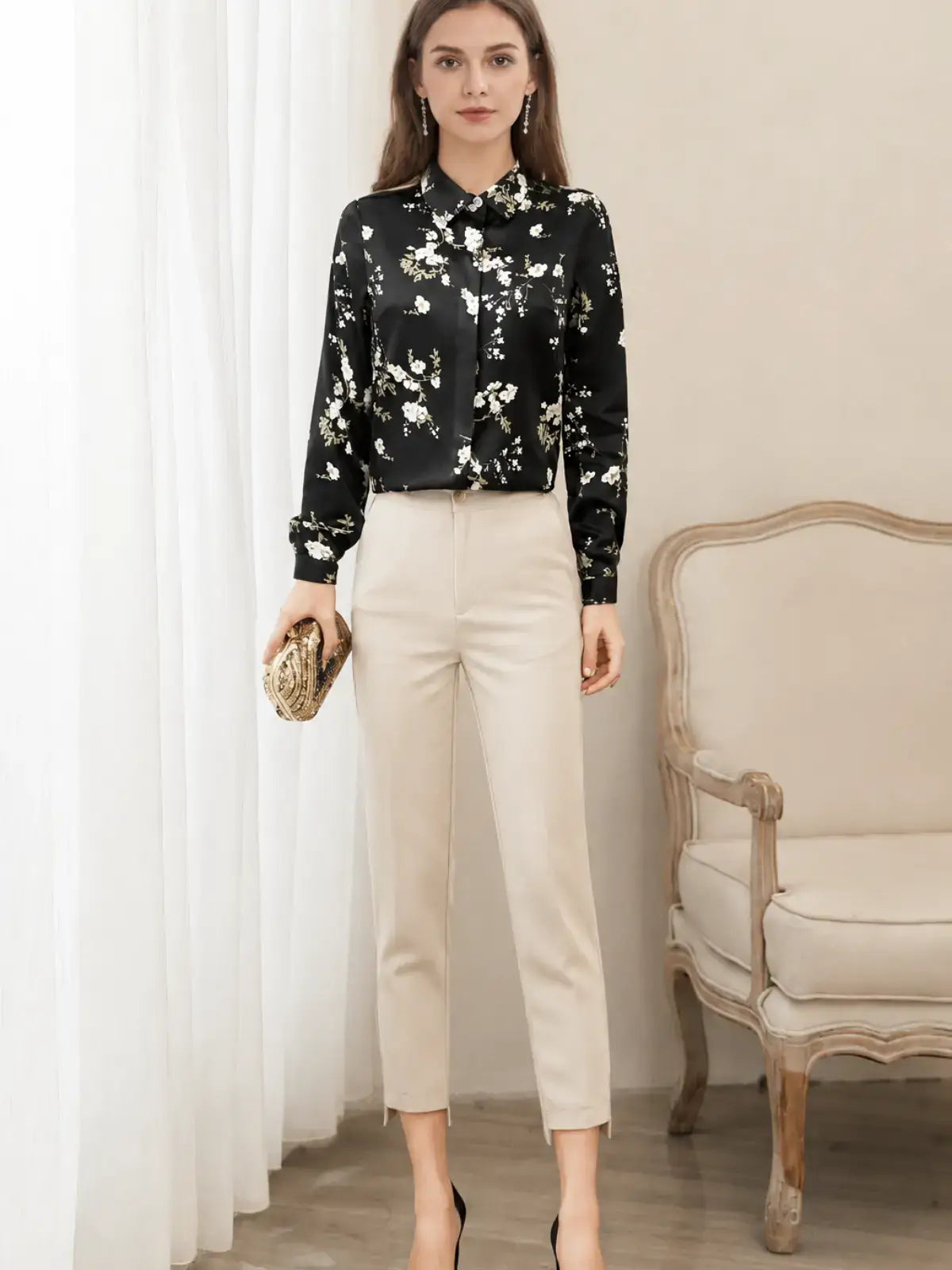 Floral Long Sleeve Mulberry Silk Blouse for Women shown in a stylish outfit with beige pants and heels.