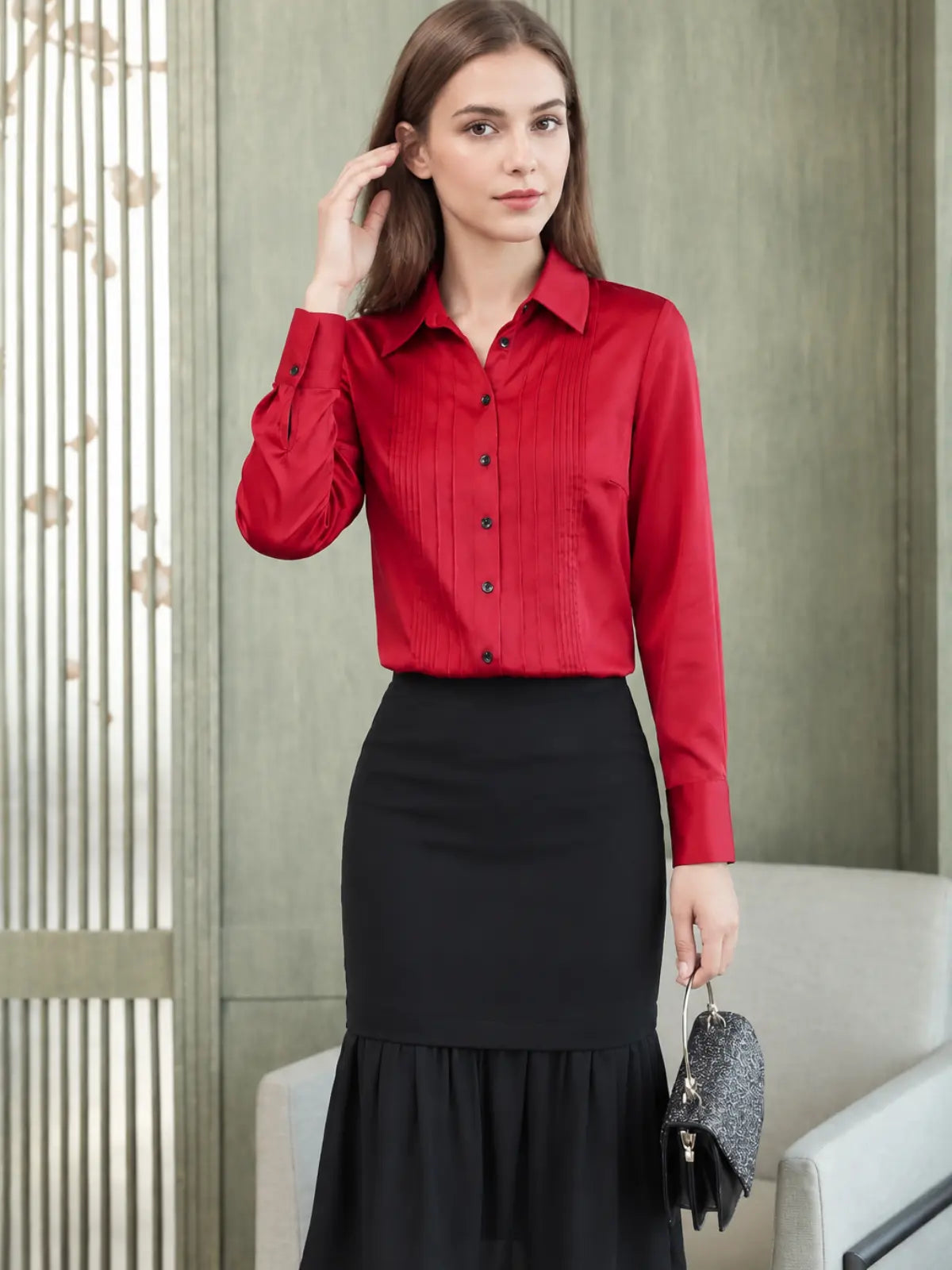 Solid - Color Polo - Neck Silk Blouse-in red-front-SILKSER