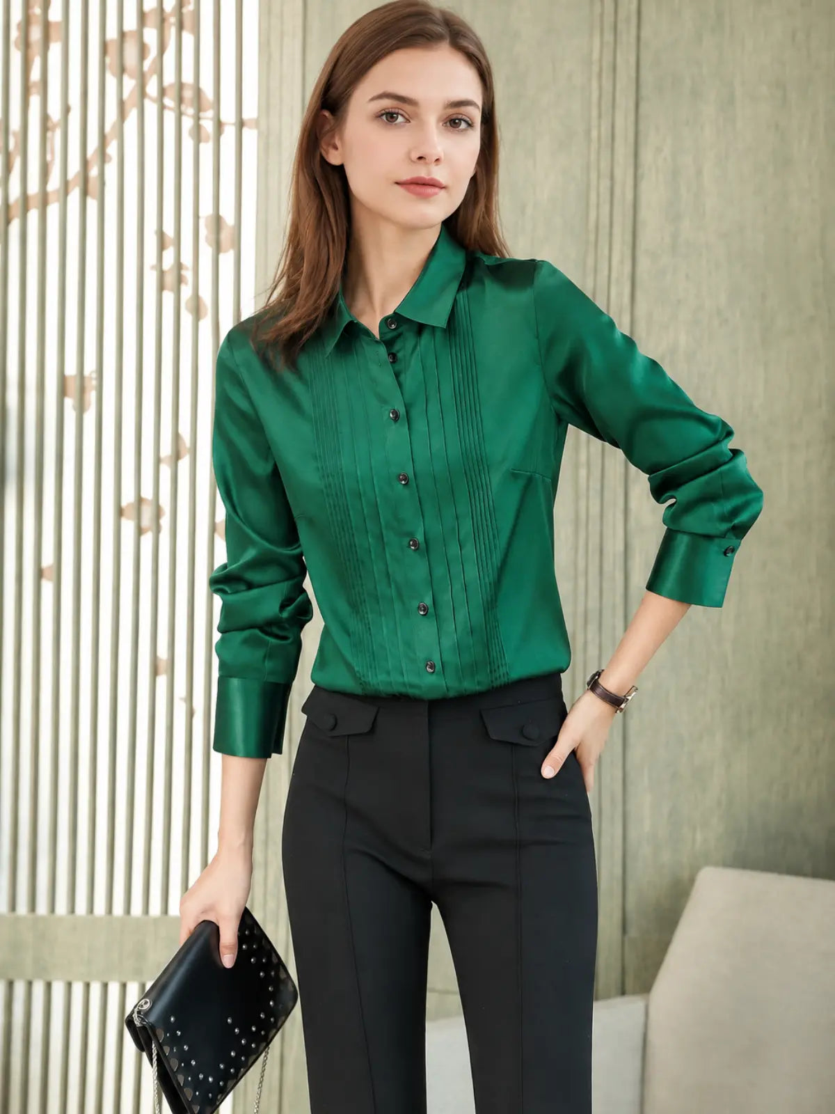 Solid - Color Polo - Neck Silk Blouse-in-green-front-SILKSER